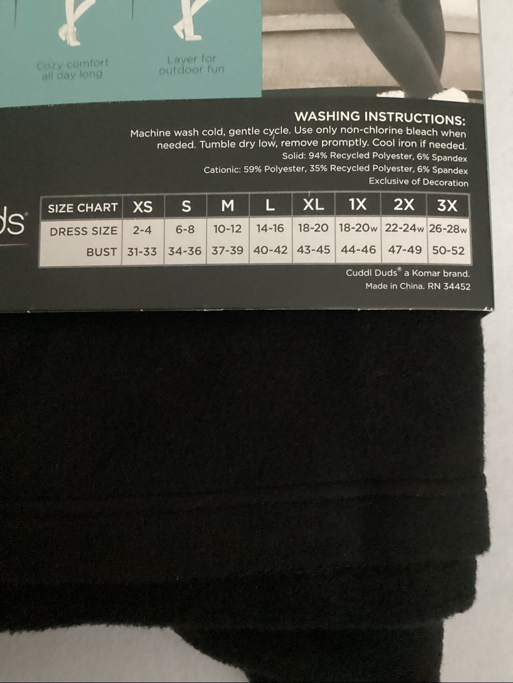 Cuddl Duds Black Fleecewear with Stretch Long Sleeve Crew Top - Picture 4 of 5